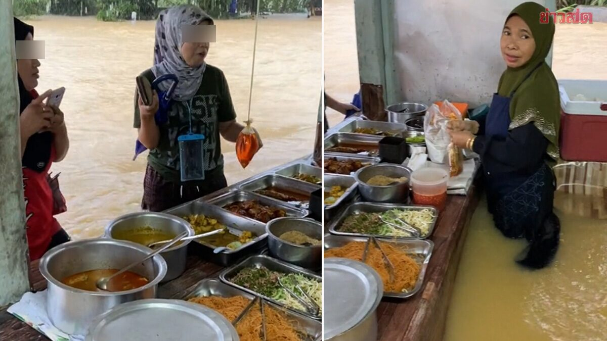 洪水突如其來 攤販站洪流賣餐食